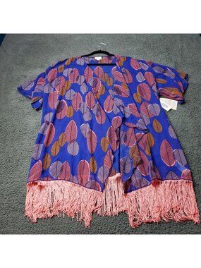 LulaRoe Monroe Kimono Cardigan Womens L Large Multicolor Fringe Floral Blue Pink